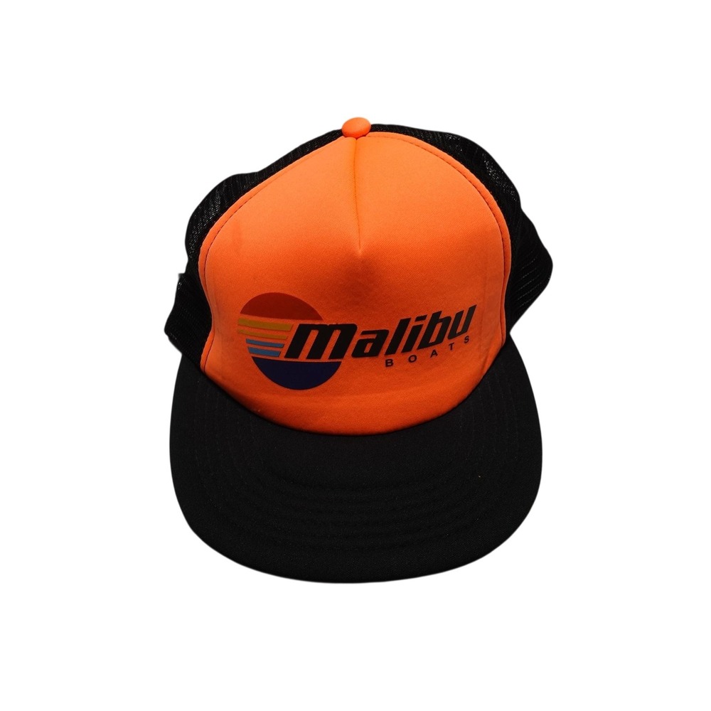 District Malibu Boats Hat Cap Snap Back One Size Orange Trucker Mesh Logo Mens